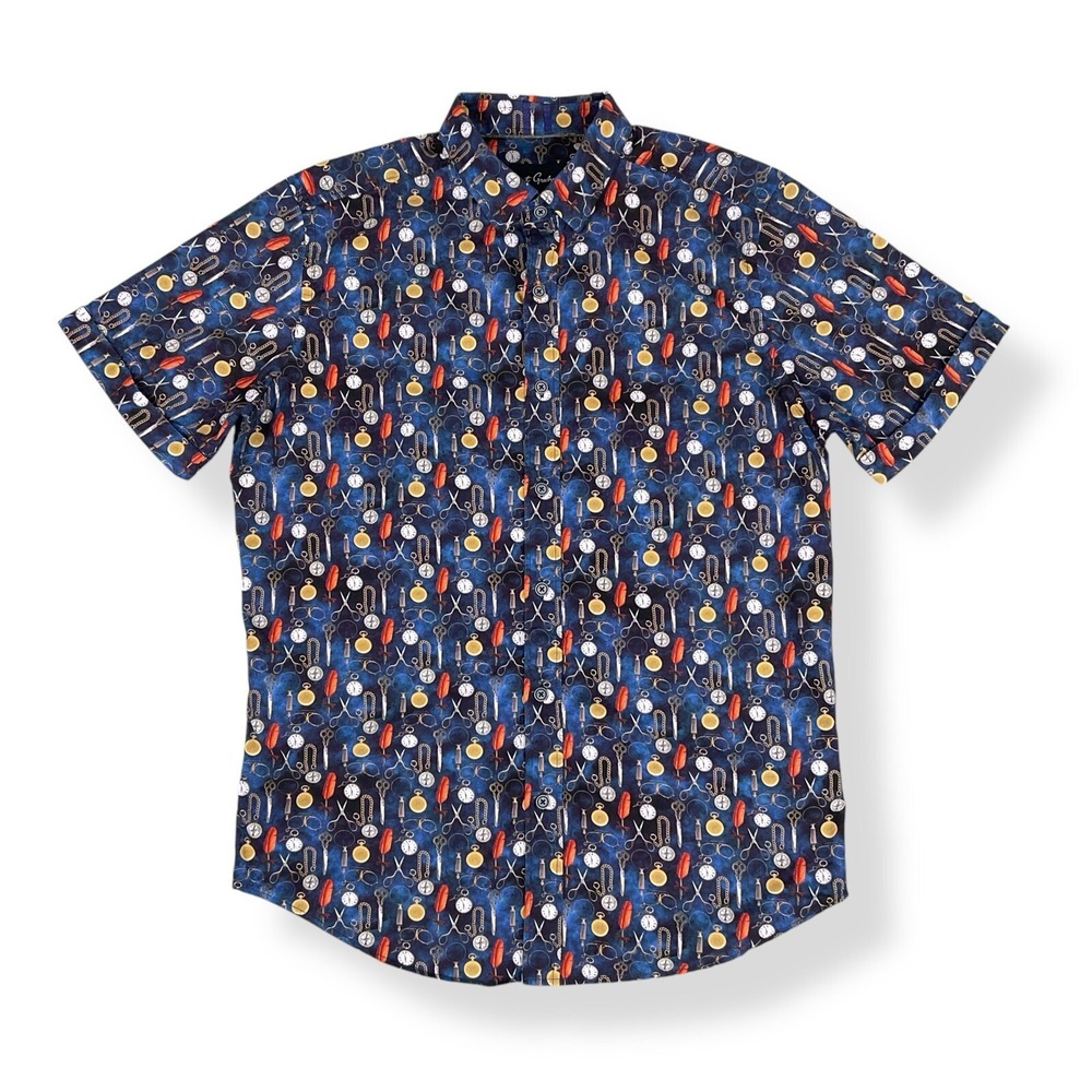 Robert Graham Shirt Men Medium Blue Short Sleeve Button Stopwatch Print